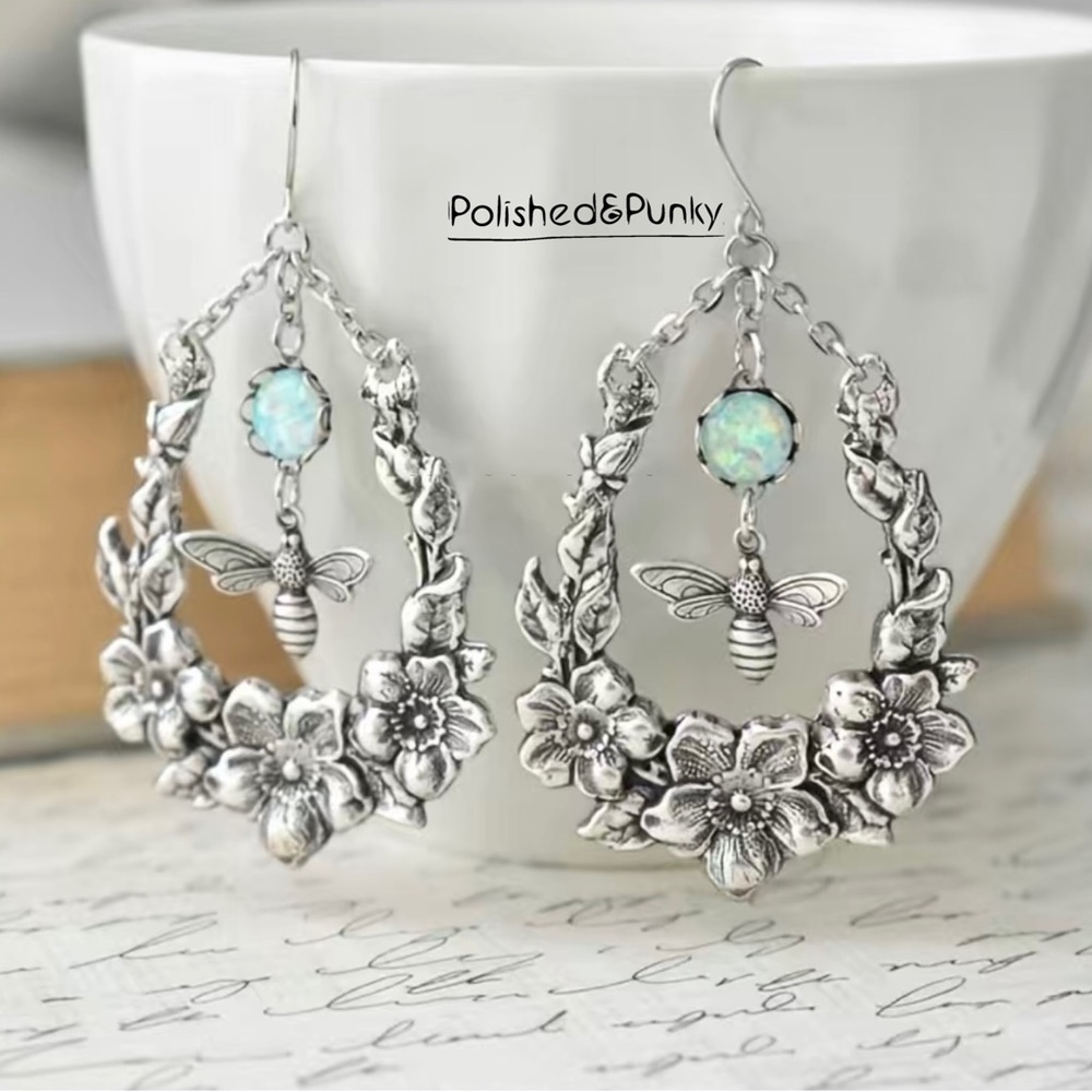 Bee earrings  ~ Silver Bee Earrings ~ Bee Dangle earrings ~ opal Earrings ~ BOX